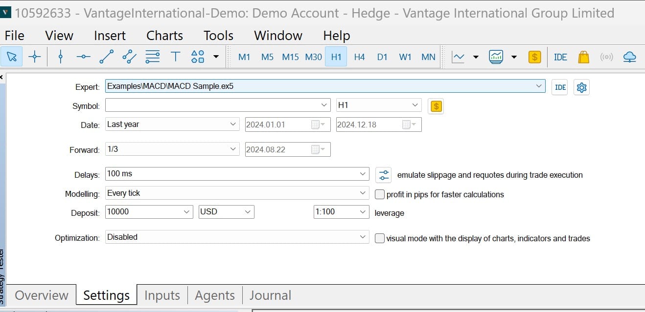 تب Settings در Strategy Tester
